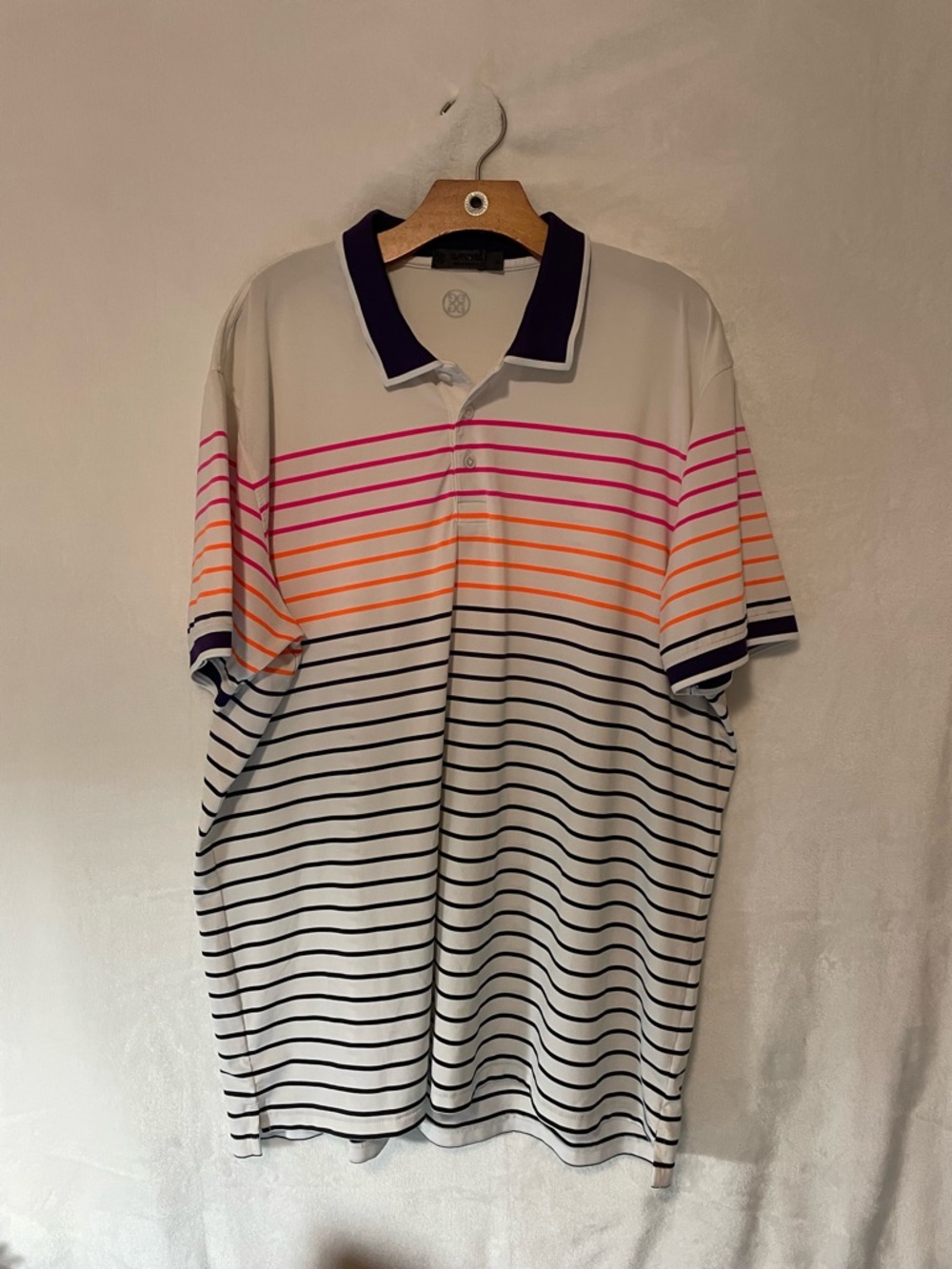 G/FORE White Polo with Pink, Orange & Navy Stripes